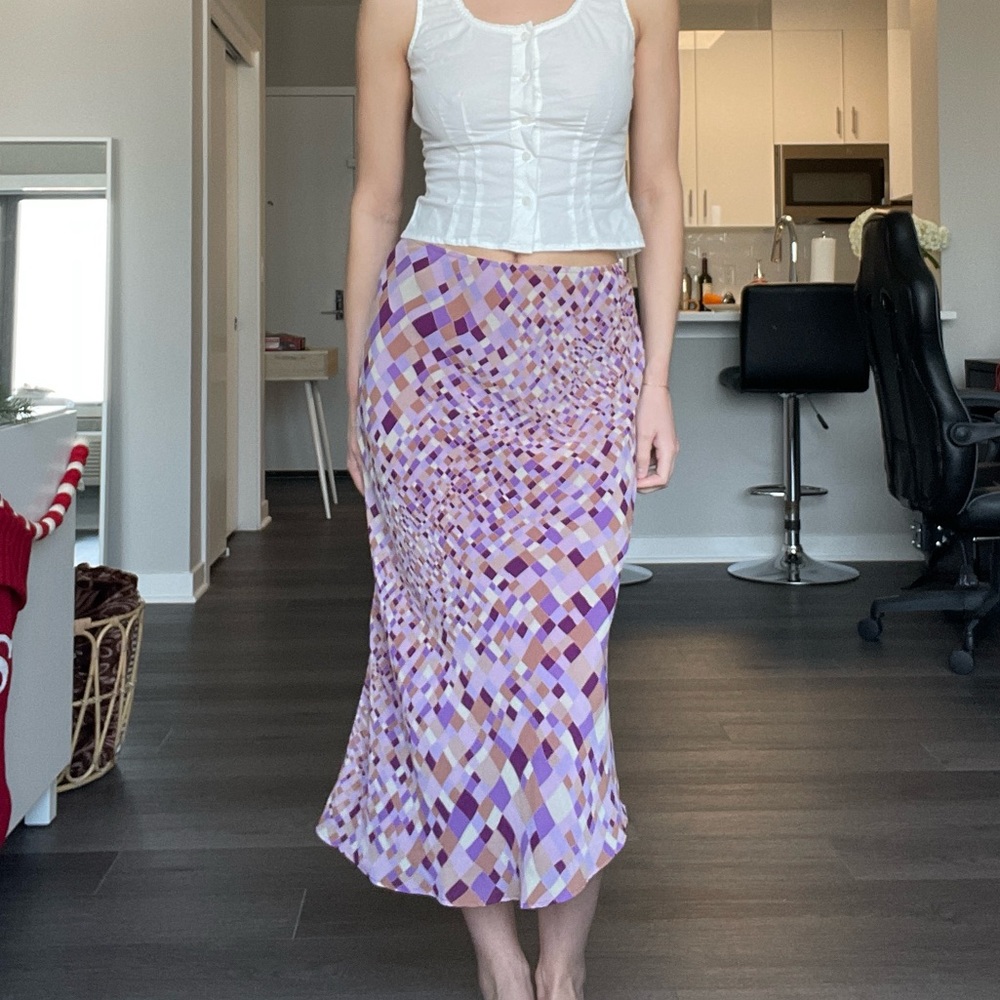 Vintage Express Purple Geometric Print Midi Slip Skirt - Picture 1 of 6